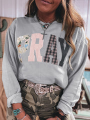 Coffee Floral Buffalo Plaid Striped Embroidered Patch Western Pullover Sweatshirt - Miniatuur