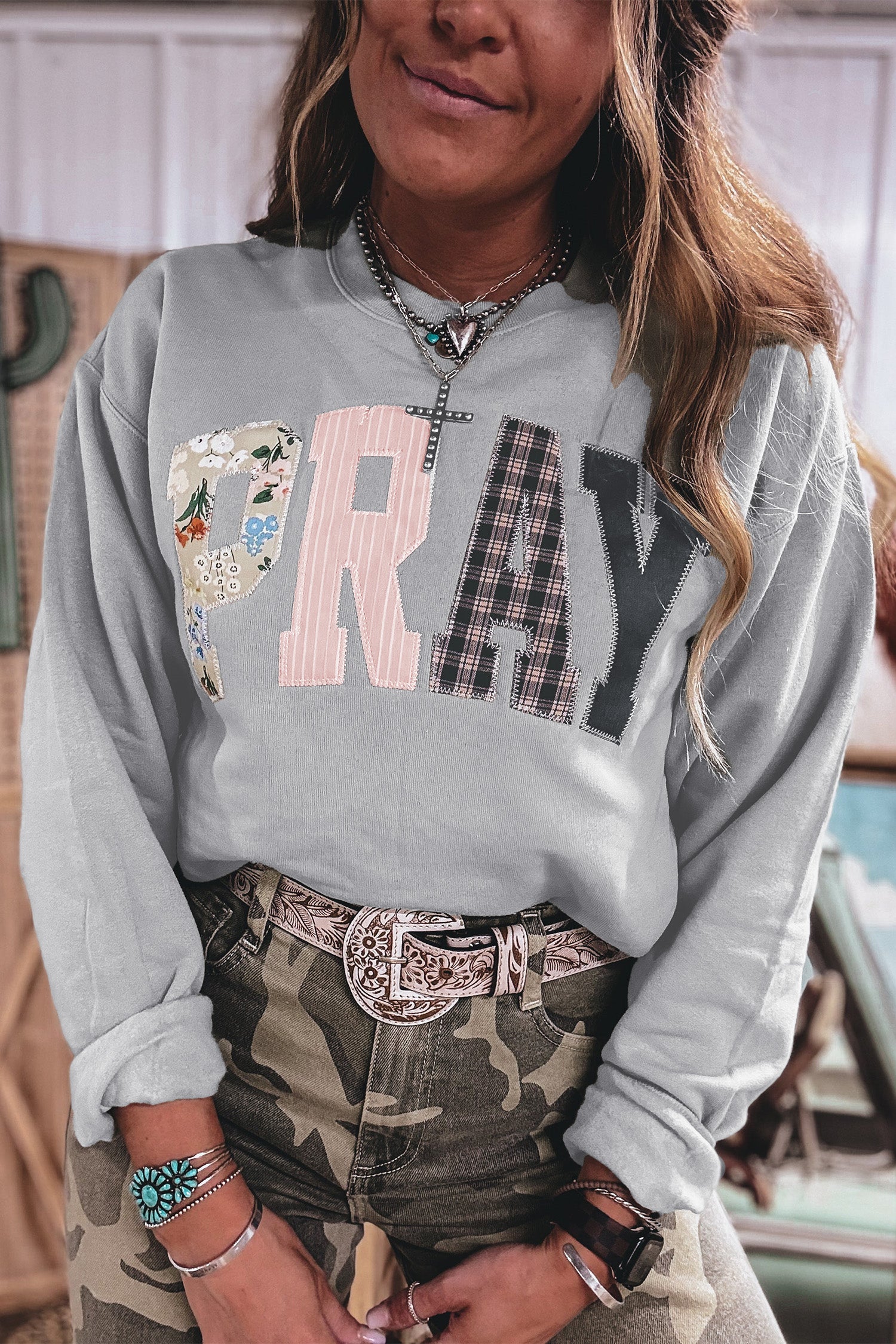 Kaffee-Floral-Buffalo-Karo-Gestreifter Patch Westernpullover Pullover