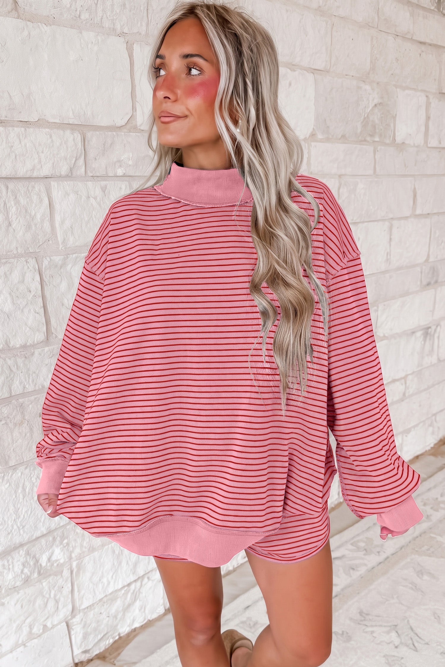 Blue Stripe Ribbed Patchwork Mock Neck Baggy Pullover Matching Shorts Set - Damesmode Afbeelding 6