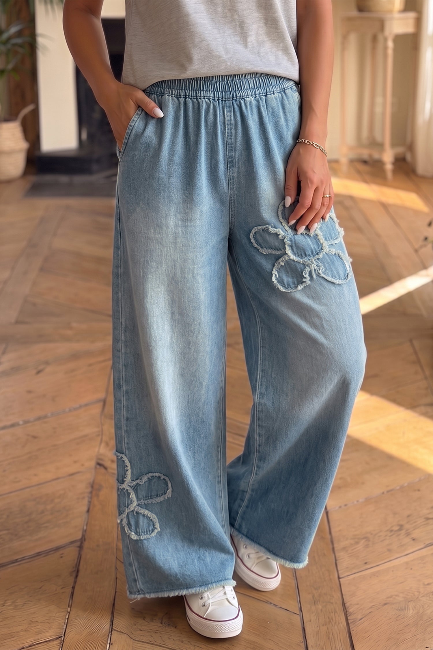 Beau Blue Frayed Floral Patch Wide Leg Raw Hem Wide Leg Jeans - Damesmode Afbeelding 3