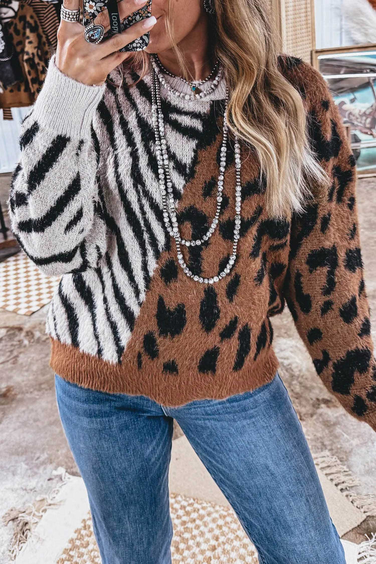 Coffee Westlicher Leopard-Zebra-Pullover mit langärmligem Rundhals - Damesmode