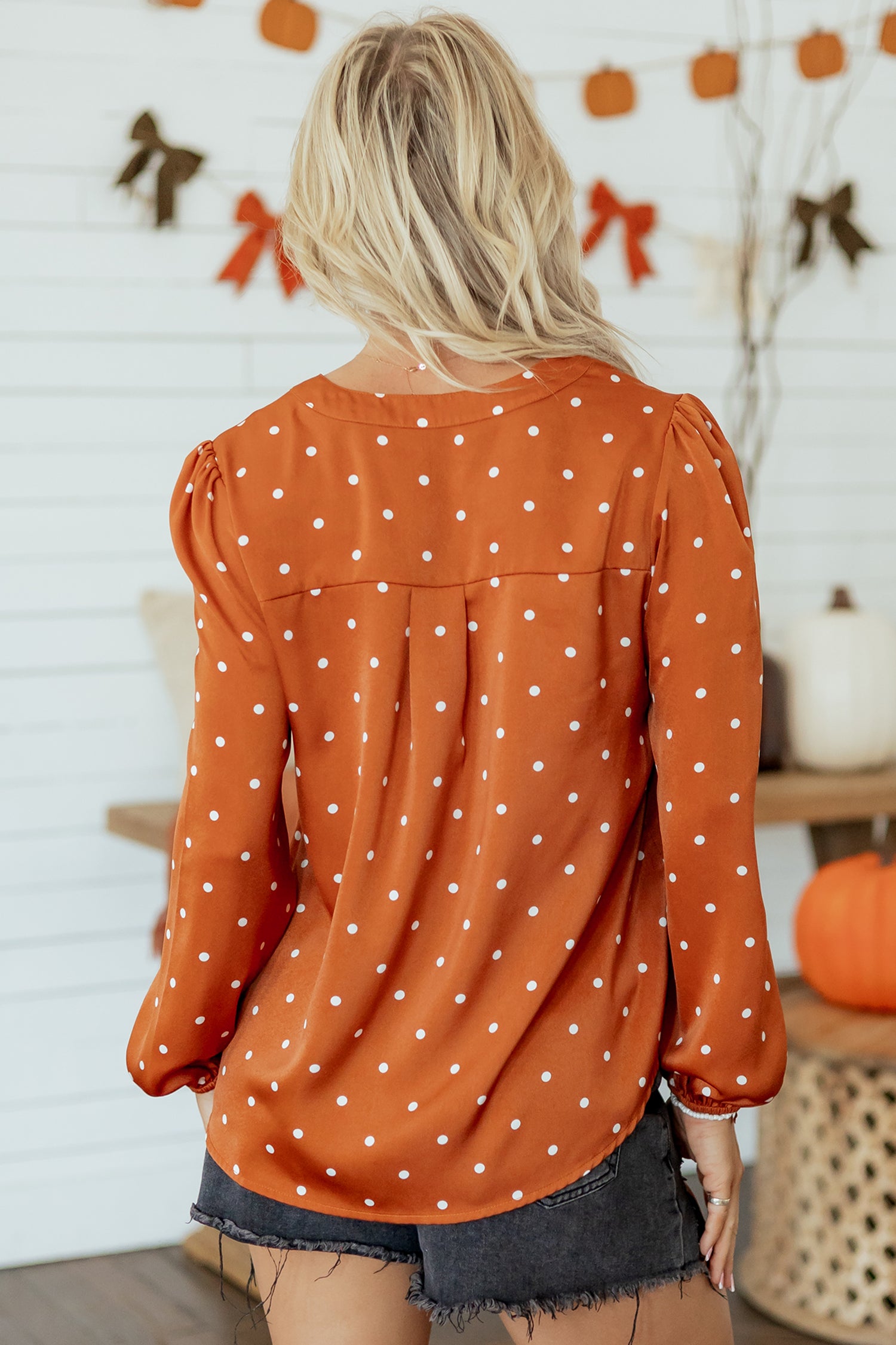 Brown Polka Dot Half Button V Neck Long Sleeve Blouse - Damesmode Afbeelding 2