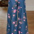Blue Retro Floral Print Tie Elastic Waist Button Pintuck Wide Leg Jeans - Damesmode Afbeelding 2 - Foto 2