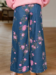 Blue Retro Floral Print Tie Elastic Waist Button Pintuck Wide Leg Jeans - Women's Fashion Image 2 - Miniatuur