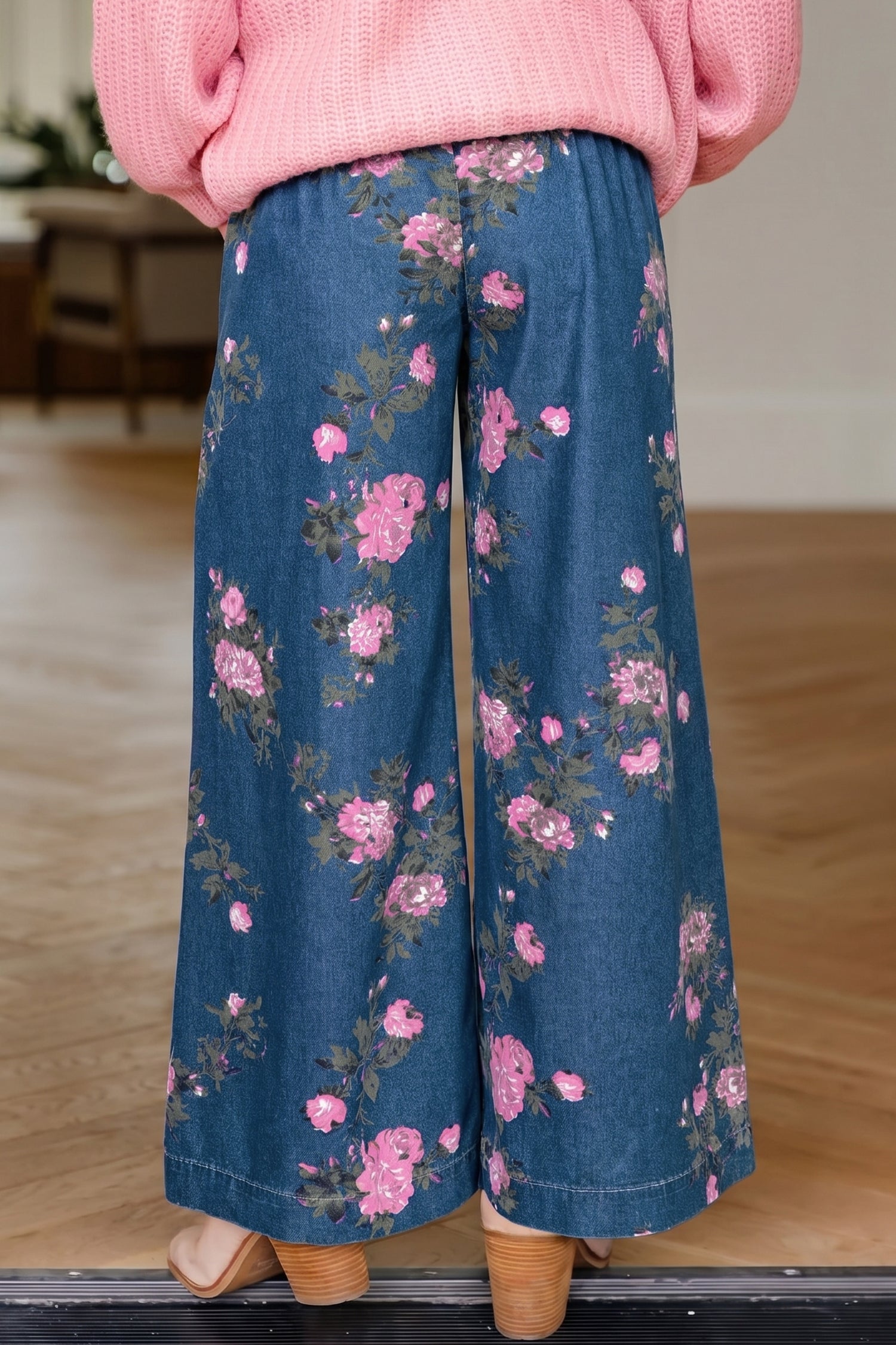 Blue Retro Floral Print Tie Elastic Waist Button Pintuck Wide Leg Jeans - Damesmode Afbeelding 2
