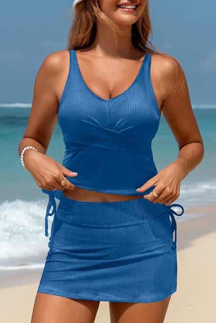Sky Blue Ribbed Knit Crossed Detail Tank Skort 2pcs Swimsuit