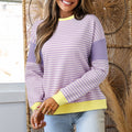 Lila Stripe Contrast Trim Farbblock Patchwork Cut Cut Shoulder Strickoberteil - Foto 3
