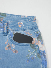 Sky Blue Retro Floral Print Frayed Hem Shift Jeans - Miniatuur