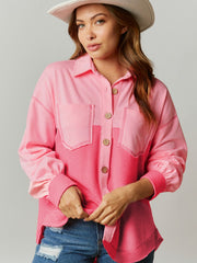 Peach Blossom Two Tone Contrast Waffle Knit Buttoned Loose Shacket - Miniatuur
