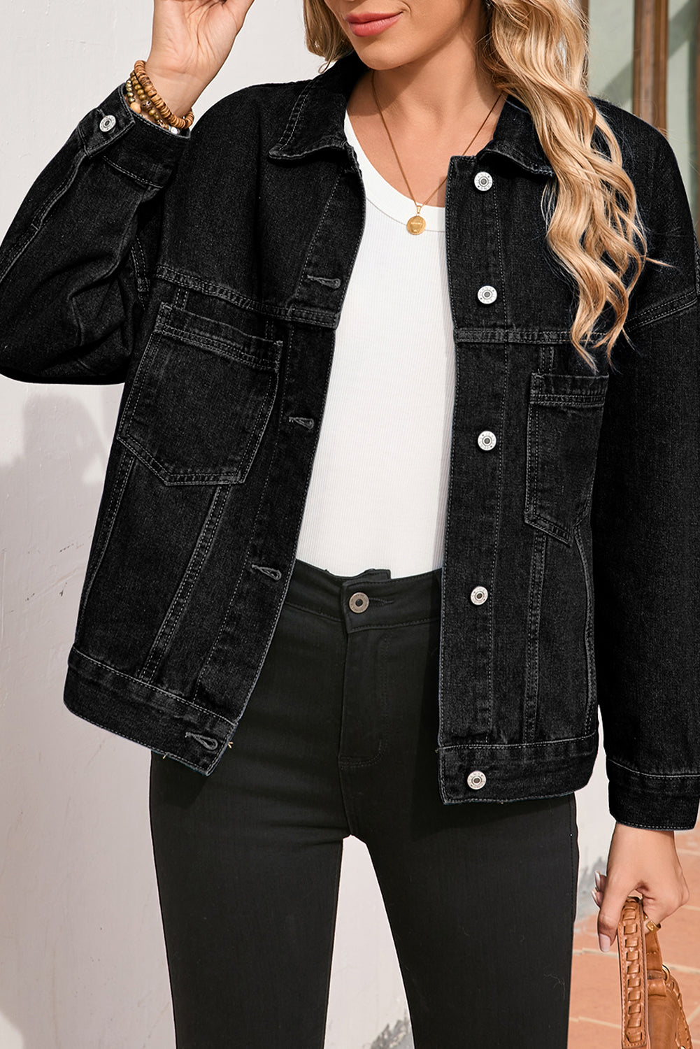 Blue Stripe Washed Oversize Pocketed Denim Jacket - Women's Fashion Image 7