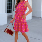 Rose Double Polka Dot V Neck Ruffled Short Sleeve Dress - Thumbnail