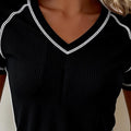Black Waffle Textured Contrast Trim V Neck Tee - Damesmode Afbeelding 3 - Foto 3