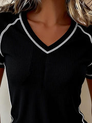 Black Waffle Textured Contrast Trim V Neck Tee - Damesmode Afbeelding 3 - Miniatuur
