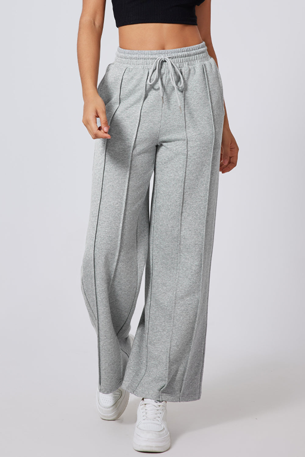 Pantaloni della tuta a vita alta a vita alta e gamba larga con cuciture grigie