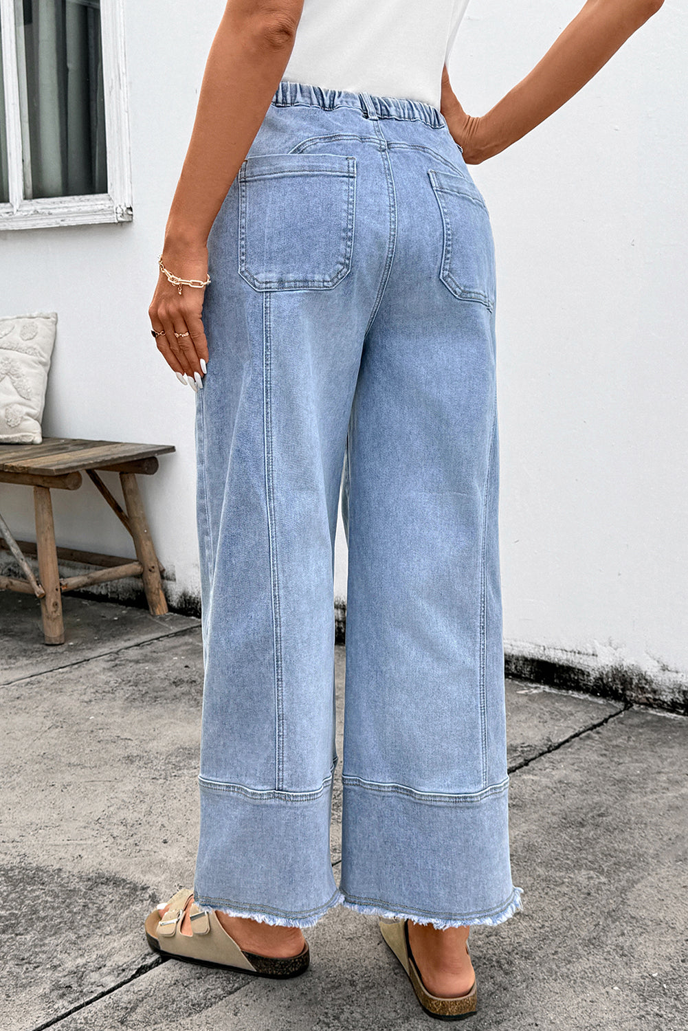 Beau Blue Drawstring Seam Detail Raw Hem Wide Leg Denim Pants - Damesmode Afbeelding 2