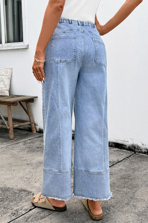 Beau Blue Drawstring Seam Detail Raw Hem Wide Leg Denim Pants - Damesmode Afbeelding 2