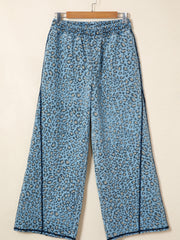 Blue Leopard Print Exposed Seam Detail Wide Leg Drawstring Jeans - Damesmode Afbeelding 3 - Miniatuur