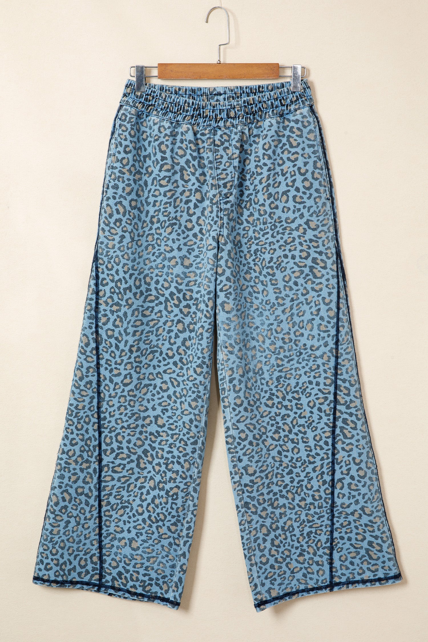 Blue Leopard Print Exposed Seam Detail Wide Leg Drawstring Jeans - Damesmode Afbeelding 3