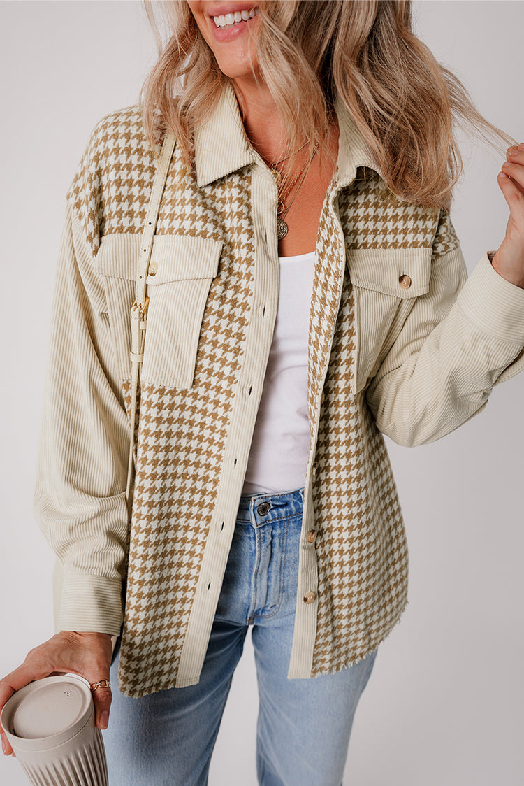Pergament Houndstooth Cord Patchwork Flap Pocket Shacket - Damesmode