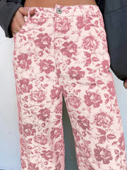 Pantalon en jean en denim rose à motif floral vintage - Miniatuur