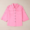 Bonbon Pearl Beaded Raw Hem Button Up Denim Jacket - Damesmode Afbeelding 6 - Foto 6