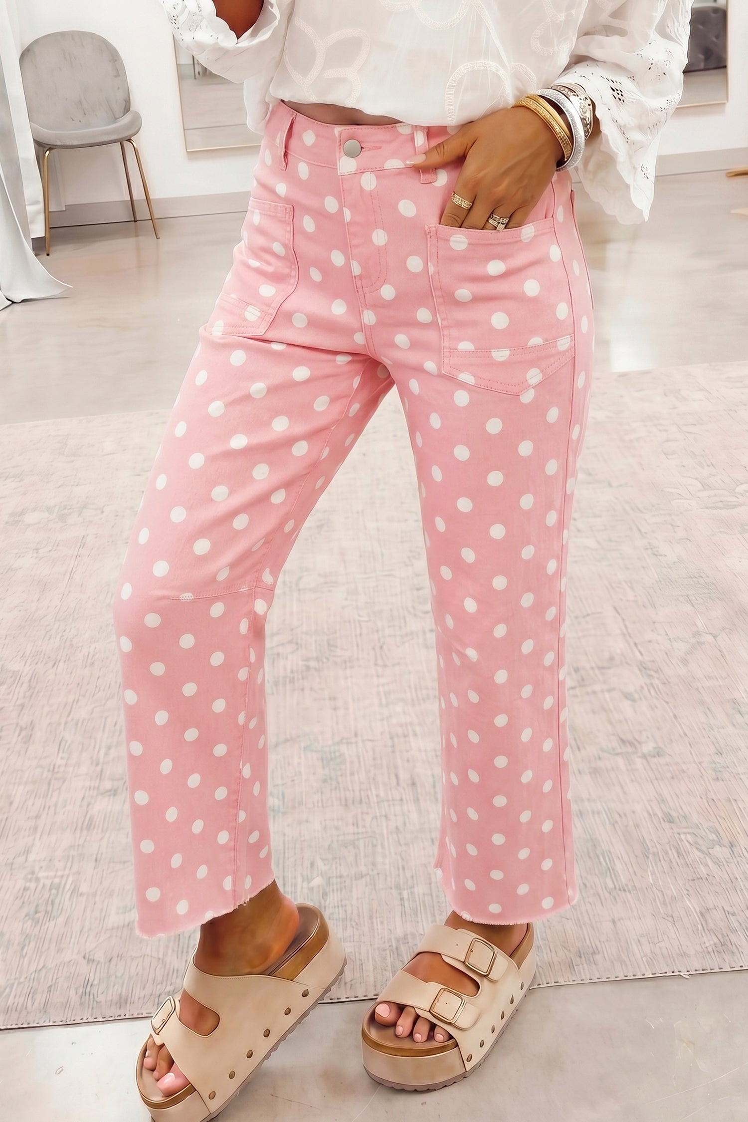 Rosa Polka Dot Casual Slim Fit Jeans