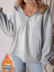 Aruba Blue Fleece Lined Half Zipper Kangaroo Pockets Loose Hoodie - Damesmode Afbeelding 4 - Miniatuur