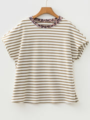 Khaki Stripe Leopard Patchwork Round Neck Loose T Shirt - Miniatuur