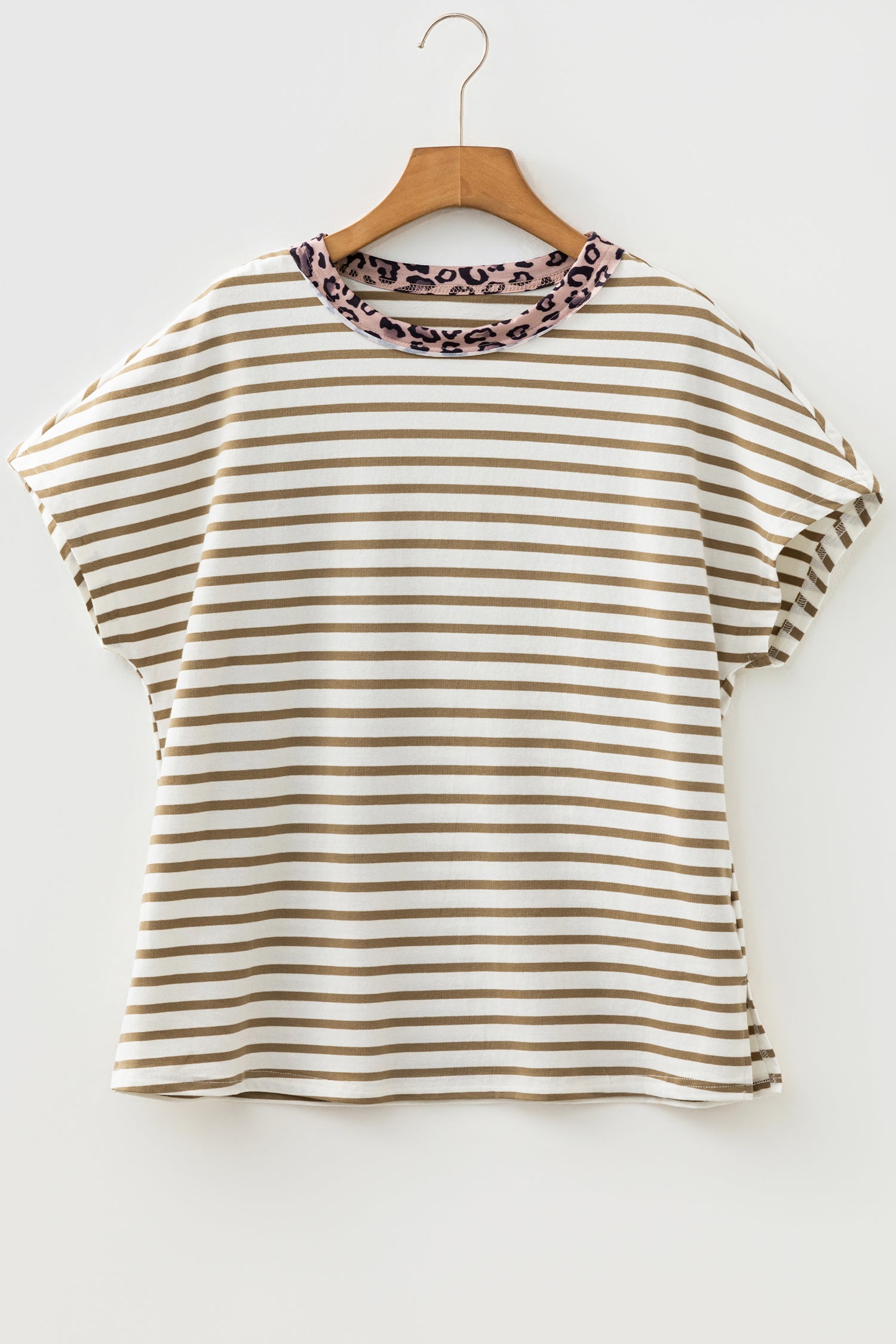 Khaki stribede leopard-lapværk rund hals løs T-shirt