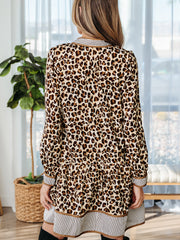 Brauner Leopardenmuster gestreifter Patchwork mit 3/4 Ärmeln lockerem Minikleid – Damesmode Afbeelding 2 - Miniatuur