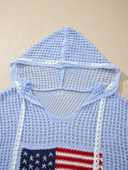 Beau Blue Hollow Out Uncinetto, maglione con la bandiera americana rattoppato - Damesmode Afbeelding 5 - Miniatuur
