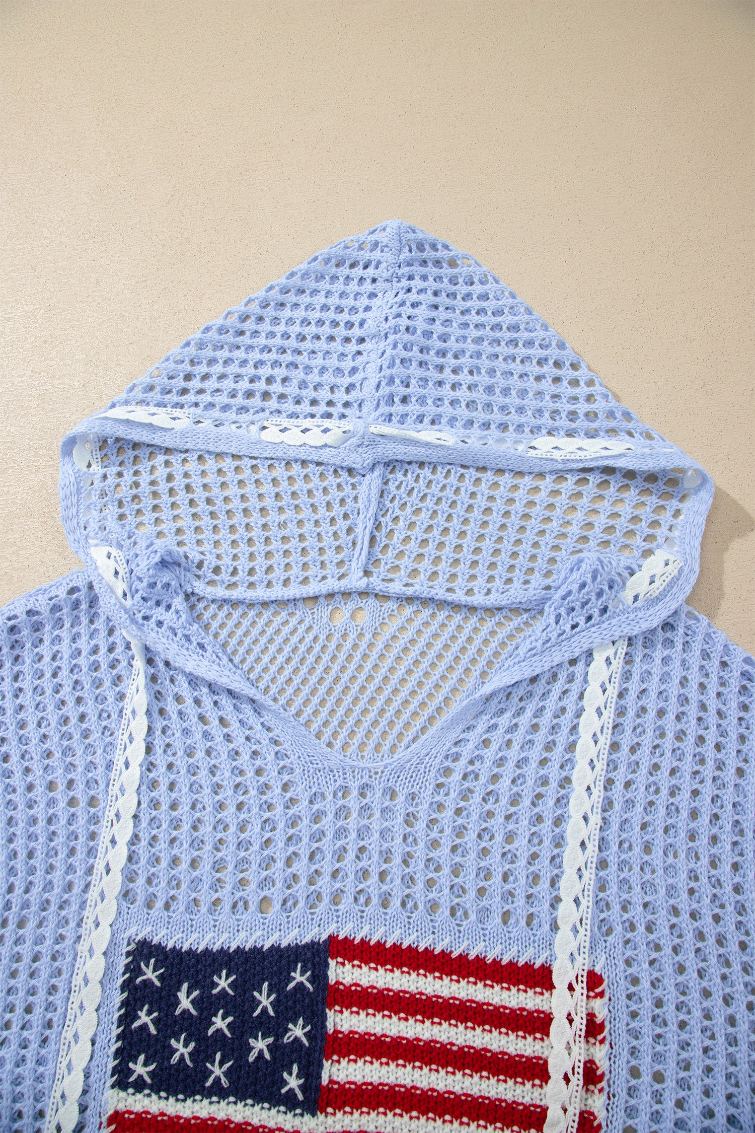 Beau Blue Hollow Out Crochet Knit American Flag Patched Sweater Hoodie - Damesmode Afbeelding 5