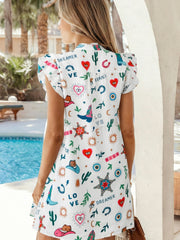 White Western Print Flutter Sleeve Button Down Mini Dress - Miniatuur
