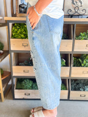 Beau Blue Flower Patched Light Wash Cropped High Waist Barrel Jeans - Damesmode Afbeelding 2 - Miniatuur