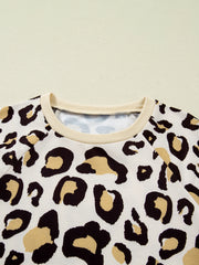 Khaki Leopard Long Sleeve Shift T Shirt Dress with Pockets - Miniatuur