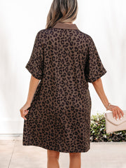 Brauner Leopardenmuster Kontrastkragen V-Ausschnitt Minikleid – Damenmode Bild 3 - Miniatuur