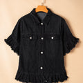Black Raw Edge Ruffled Short Sleeve Denim Jacket - Damesmode Afbeelding 6 - Foto 6