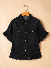 Chaqueta negra de manga corta con volantes y borde crudo - Damesmode Afbeelding 6 - Miniatuur