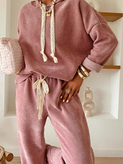 Parchment Leopard Drawstring Pullover Hoodie and High Waist Pants Corduroy Suit - Miniatuur