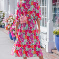 Rose Vibrant Floral Print V-Hals Reißverschluss Puffy Hallefärmel Kleed - Foto 2