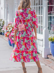 Rose Vibrant Floral Print V Neck Zip Up Puffy Half Sleeve Dress - Miniatuur