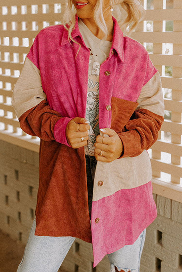 Rose-rout Faarfblock gebogenen Saum Corduroy Shacket mat Täsch - Damesmode