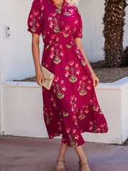 Rotes Maxikleid mit Rüschenmuster mit V-Ausschnitt und kurzärmligem Rüschen - Miniatuur