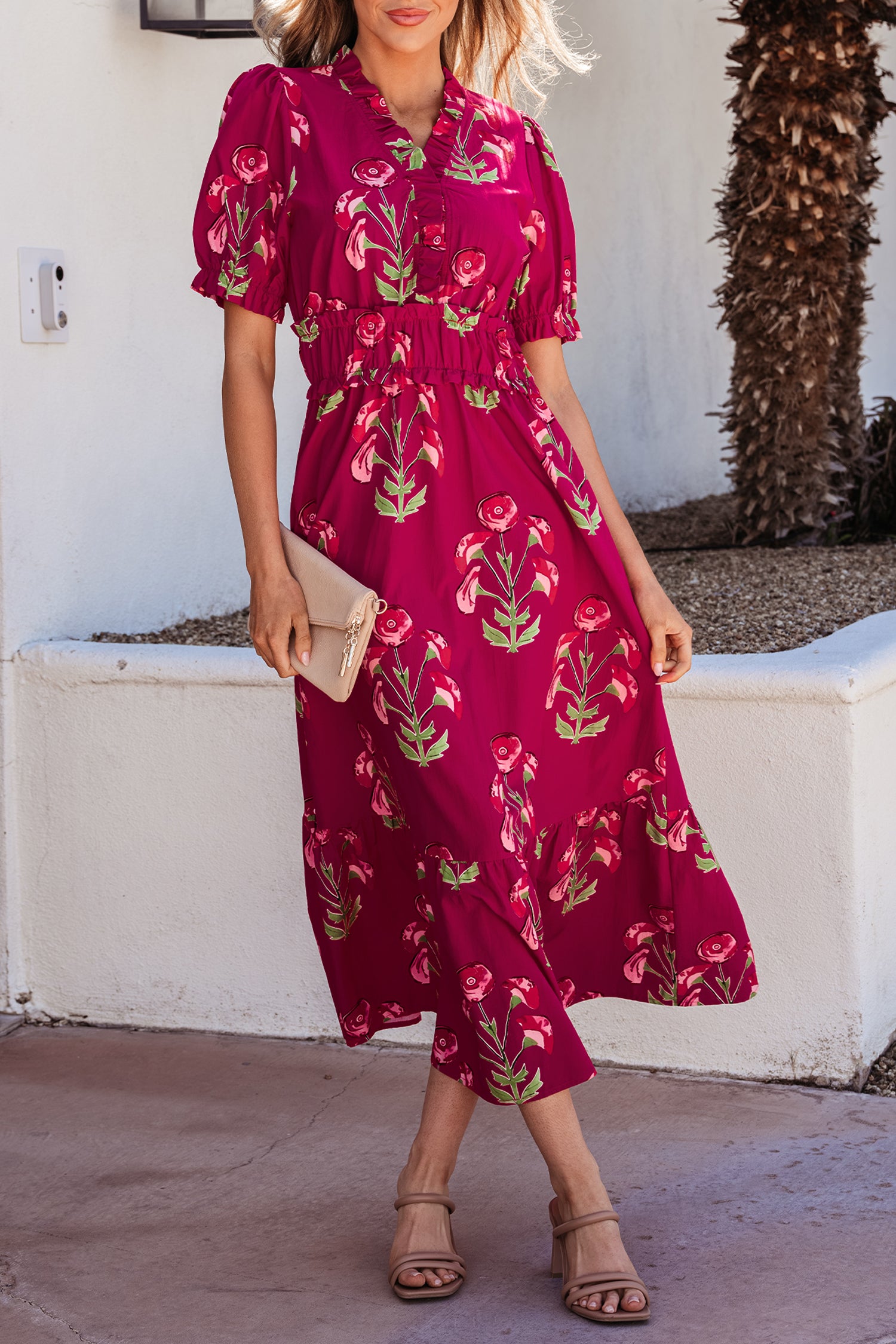 Robe Maxi à volants à manches courtes, manches courtes, à volants à motifs floraux rouges