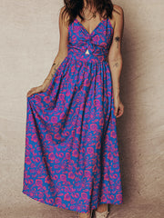Robe Maxi à motif floral bleu à col torsadé en V et dos nus - Damesmode Afbeelding 6 - Miniatuur