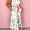 Wäiss Blummenprint Faarfblock-Trim Gürtel-Ärmellos Maxi-Kleed - Foto 3
