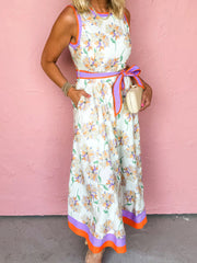 White Floral Print Color Block Trim Belted Sleeveless Maxi Dress - Miniatuur