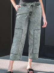 Gray Acid Wash Tie Waist Denim Pants - Miniatuur