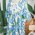 Himmelblaues Palm-Blumenmuster-Kontrast-Band-Knoten-Rüschen-Mini-Kleid mit gestuften Ärmeln - Foto 4