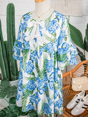 Sky Blue Palm Floral Print Contrast Ribbon Knot Ruffle Tiered Sleeve Mini Dress - Miniatuur